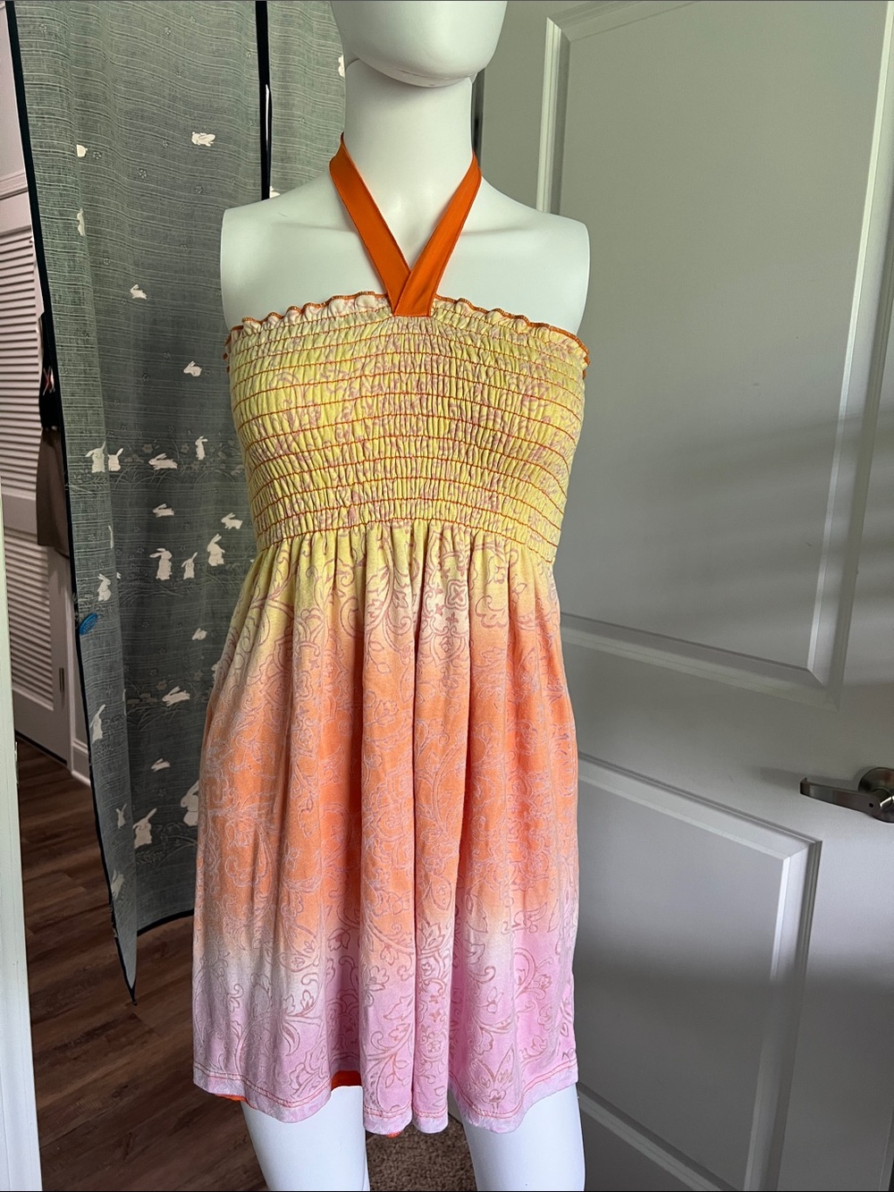 Ocean Drive Ombre Halter Smocked Coverup in Yellow-Orange-Pink Size M